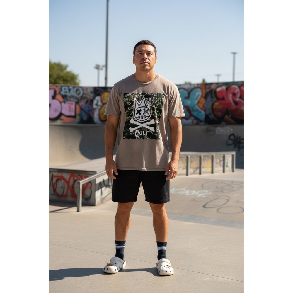 Cult of Individuality Mens XL Graphic Tee Brown Tiger Camo‎ Skull Crown T-Shirt